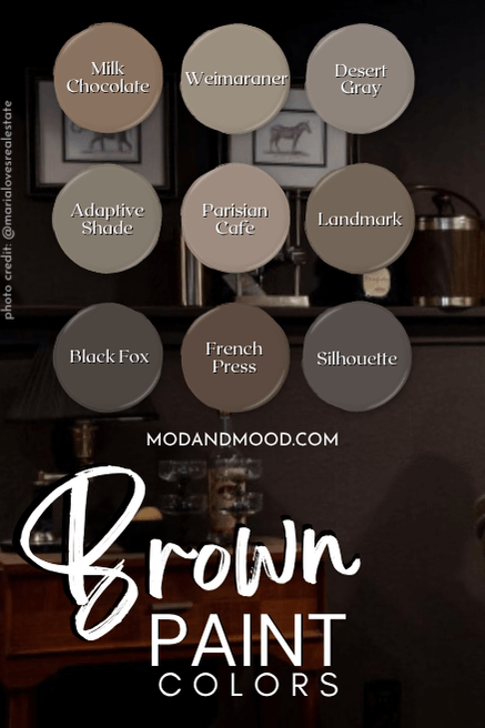 Graphic reads "Brown paint colors" over a background of Benjamin Moore Silhouette with swatches of the 9 paint colors from the post over top. Colors are Milk chocolate, Weimaraner, Desert Gray, Adaptive Shade, Parisian Cafe, Landmark, Black Fox, French Press, and Silhouette.