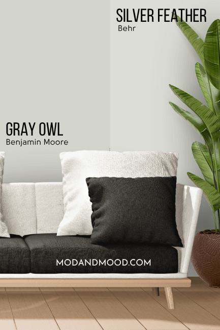 Benjamin Moore Gray Owl on half of a wall and Behr dupe Silver Feather on the other half behind a white and black sofa.