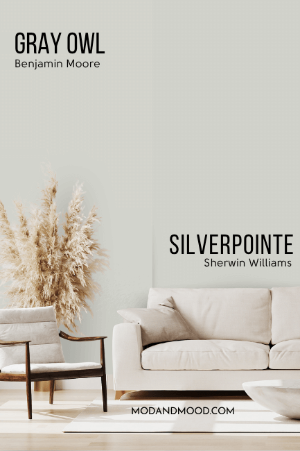 Benjamin Moore Gray Owl on one half of a wall and dupe from Sherwin Williams, Silverpointe on the other half behind a beige sofa and occasional chair.
