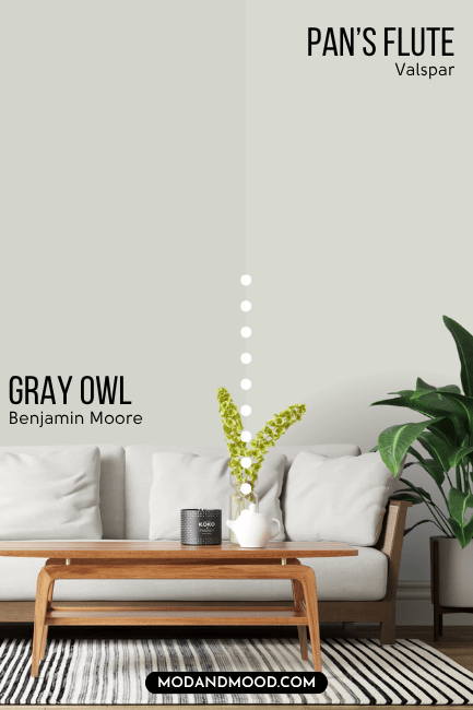 Benjamin Moore Gray Owl on half of a wall and Valspar dupe Pan's flute on the other half behind a white sofa.