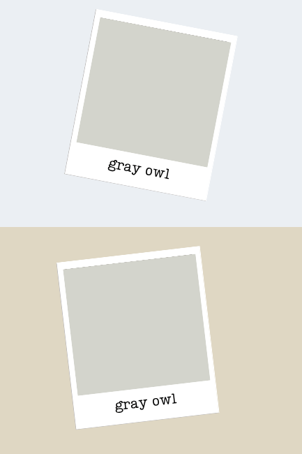 2 swatches of Benjamin Moore Gray Owl. Top swatch is over a light blue background where the color then looks a little warmer, lower swatch is over a beige background and the swatch looks more silver and cool toned.