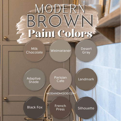 Graphic reads "Modern Brown paint colors" over a background of semihandmade Desert Grey kitchen cabinets with swatches of the 9 paint colors from the post over top. Colors are Milk chocolate, Weimaraner, Desert Gray, Adaptive Shade, Parisian Cafe, Landmark, Black Fox, French Press, and Silhouette.