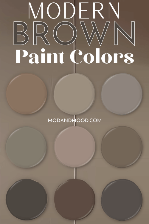 9 brown paint colors swatched over a background of a close up of warm brown kitchen cabinets.