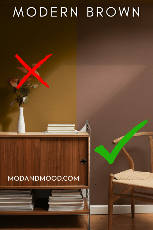 A mustard brown on one side of a wall with a red X and chocolatey taupe brown on the other side with a check mark.