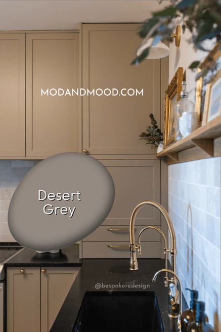 Desert Gray swatched over a photo of that semihandmade color on medium brown kitchen cabinets with black countertops