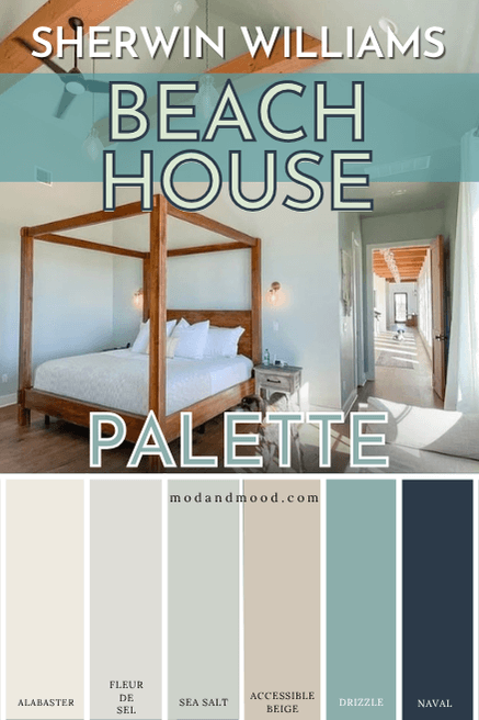 Sherwin williams beach house color palette features swatches of Alabaster, Fleur de Sel, Sea Salt, Accessible Beige, Drizzle, and Naval with a photo of Sea Salt in a coastal looking Bedroom.