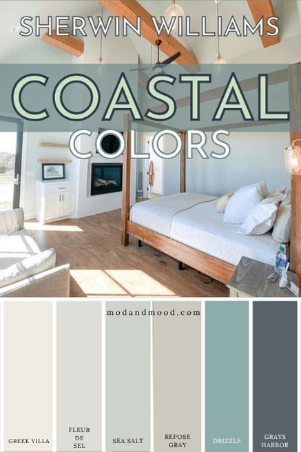 Sherwin williams Coastal color palette features swatches of Greek Villa, Fleur de Sel, Sea Salt, Repose Gray, Drizzle, and Gray's Harbor with a photo of Sea Salt in a coastal looking Bedroom.