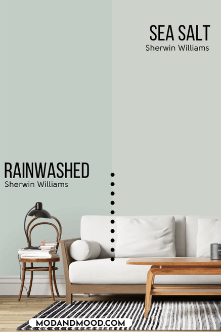 Rainwashed on half of a wall and Sea Salt on the other half behind a white wood-framed sofa.