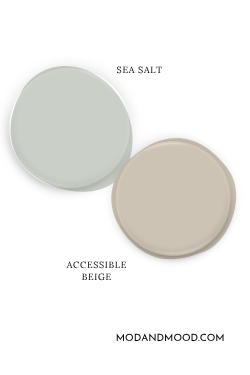 Paint dot swatch of Sherwin Williams Sea Salt with the same of coordinating Color Accessible Beige.