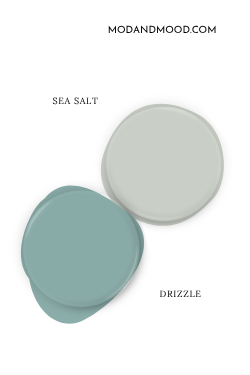 Paint dot swatch of Sherwin Williams Sea Salt with the same of coordinating Color Drizzle.