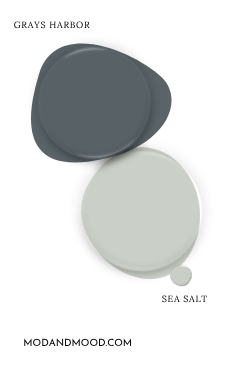 Paint dot swatch of Sherwin Williams Sea Salt with the same of coordinating Color Gray's Harbor.