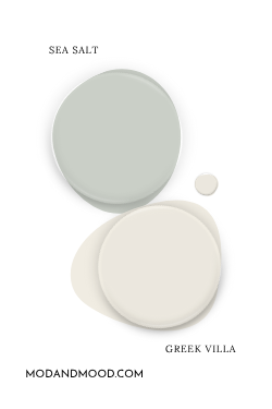 Paint dot swatch of Sherwin Williams Sea Salt with the same of coordinating Color Greek Villa.