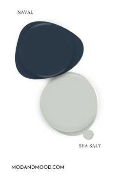 Paint dot swatch of Sherwin Williams Sea Salt with the same of coordinating Color Naval.