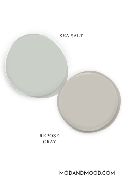 Paint dot swatch of Sherwin Williams Sea Salt with the same of coordinating Color Repose Gray.