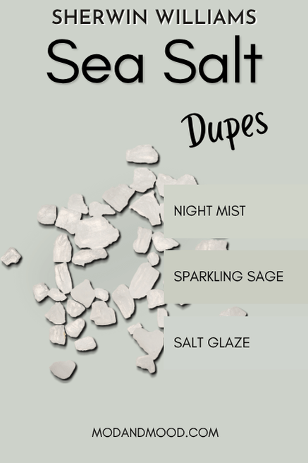 Dupes for Sea Salt features 3 swatches of alternatives from other brands over a background of Sea Salt with a graphic of salt crystals in between to show contrast. Dupes are Night Mist, Sparkling Sage, and Salt Glaze.