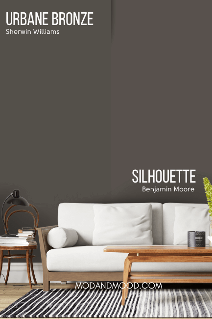 Sherwin Williams Urbane Bronze on half of a wall and similar color Benjamin Moore Silhouette on the other half.