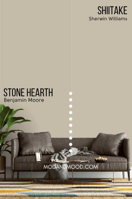 Benjamin Moore Stone Hearth on half of a wall and Sherwin Williams dupe Shiitake on the other half behind a gray leather sofa