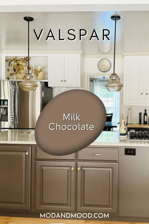 Swatch of Milk Chocolate by Valspar over the same color on a kitchen island.