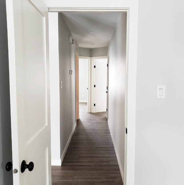 Benjamin Moore Gray Owl where it looks silvery and gray in a hallway with white doors and trim