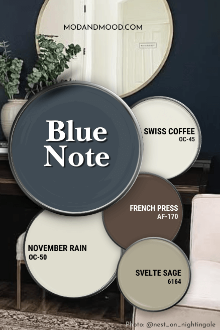 Benjamin Moore Blue Note in a color palette. All colors are swatched on paint lids over a background of a blue note colored living room with a round mirror on the wall