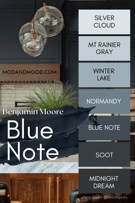 Benjamin Moore Blue Note Color Strip features from light to dark: Silver Cloud, Mt Rainier Gray, Winter Lake, Normandy, Blue Note, Soot, and Midnight Dream