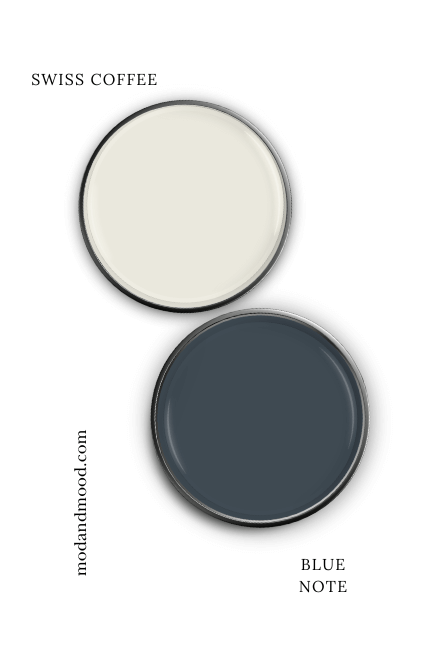 Benjamin Moore Swiss Coffee on a paint lid with the same of Blue Note.