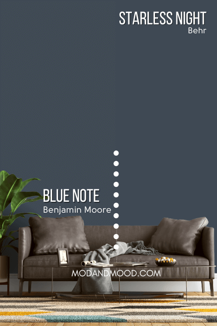 Benjamin Moore Blue Note on half of a wall and Behr Starless Night on the other half.