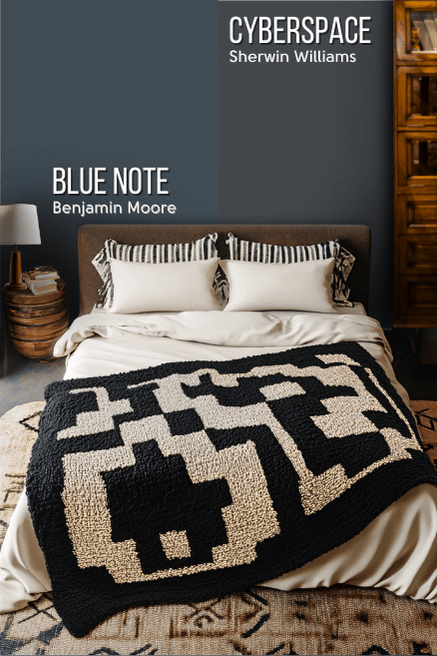 Sherwin Williams Cyberspace on half of a wall and Blue Note on the other half in a bedroom.