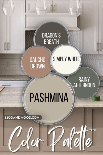 Benjamin Moore Pashmina in a color palette with coordinating colors Dragon's Breath, Simply White, Rainy Afternoon, and Gaucho Brown, over a background of a modern kitchen.