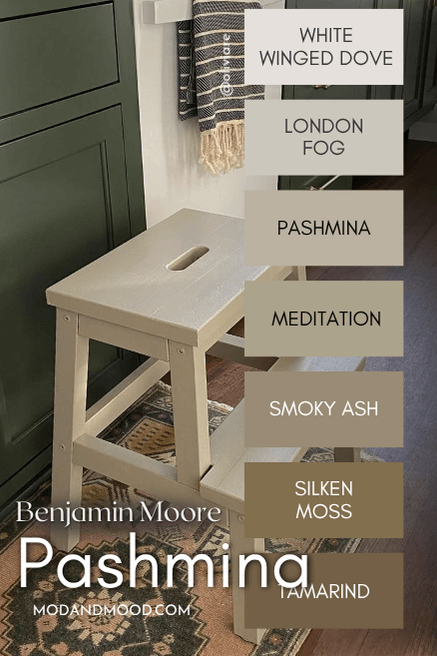 The Pashmina color strip from Benjamin moore features colors from light to dark: White Winged Dove, London Fog, Pashmina, Meditation, Smoky Ask, Silken Moss, and Tamarind.