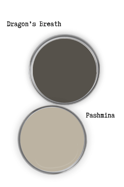 Benjamin Moore Pashmina swatched on a paint lid beside the same of coordinating color Benjamin Moore Dragon's Breath
