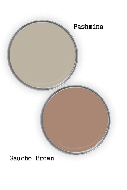 Benjamin Moore Pashmina swatched on a paint lid beside the same of coordinating color Benjamin Moore Gaucho Brown.