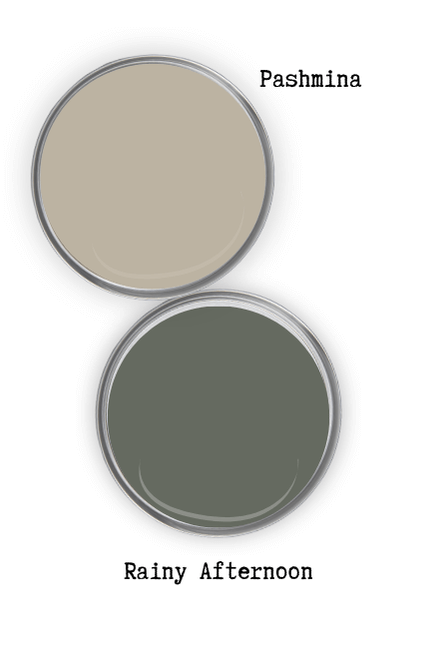 Benjamin Moore Pashmina swatched on a paint lid beside the same of coordinating color Benjamin Moore Rainy Afternoon