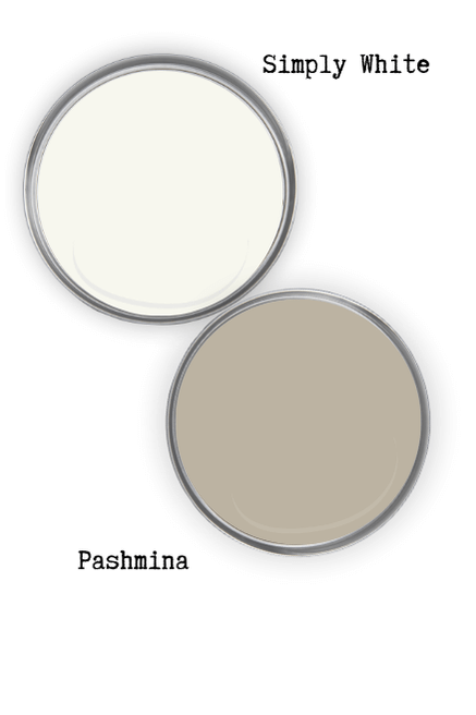 Benjamin Moore Pashmina swatched on a paint lid beside the same of coordinating color Benjamin Moore Simply White.
