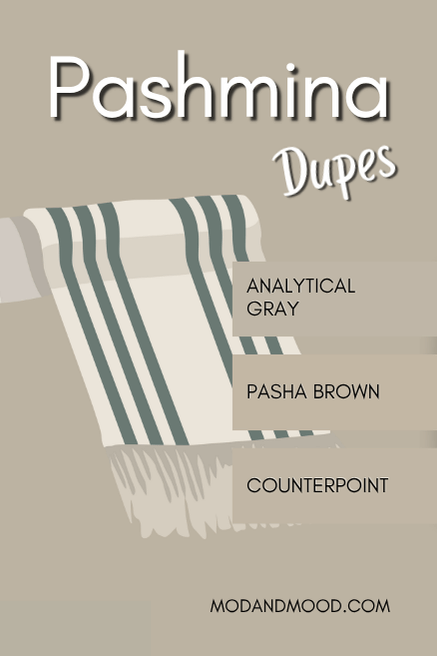 Benjamin Moore Pashmina background and swatches over top of Analytical Gray, Pasha Brown, and Counterpoint.