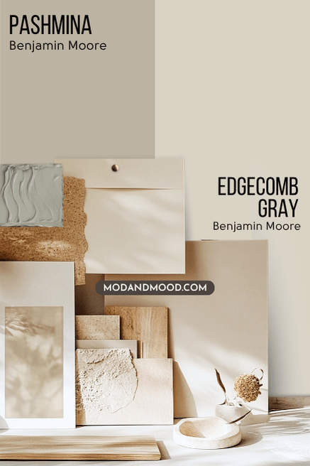 Benjamin Moore Pashmina on half of a wall and Benjamin Moore Edgecomb Gray on the other half behind a collage of neutral decor items