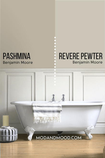 Benjamin Moore Pashmina on half of a wall and Revere Pewter on the other half behind a clawfoot tub with wainscoting on the lower half of the wall.