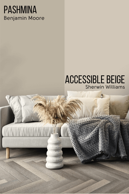 Sherwin Williams Shiitake on half of a wall compared to Benjamin Moore Pashmina on the other half, in a living room with a light gray sofa.