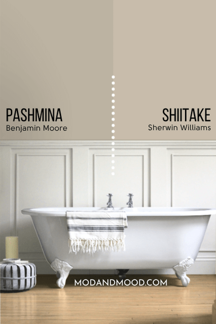 Sherwin Williams Shiitake on half of a wall compared to Benjamin Moore Pashmina on the other half, in a bathroom with white wainscoting and a clawfoot tub.