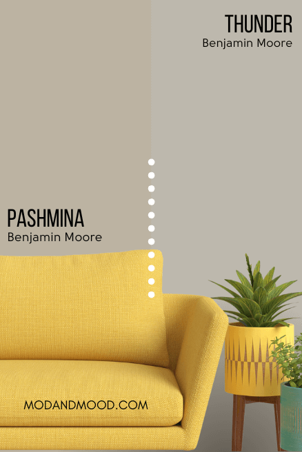 Benjamin Moore Pashmina on half of a wall and Benjamin Moore Thunder on the other half behind a mustard colored sofa.