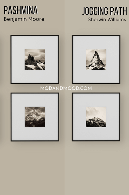 Sherwin Williams Jogging Path on half of a wall and Benjamin Moore Pashmina on the other half behind 4 gallery prints in black and white.