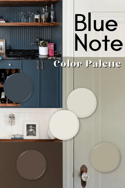 Swatches of all the colors from the color palette in a collage of real life rooms.