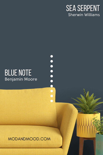 Benjamin Moore Blue Note on half of a wall and dupe Sherwin Williams Sea Serpent on the other half behind a mustard colored sofa.