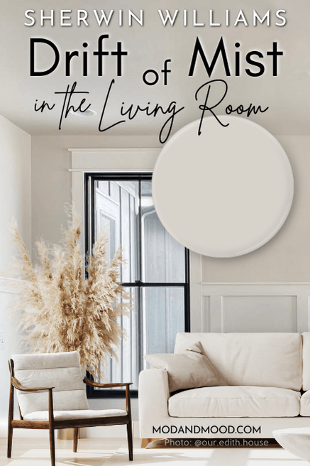 Paint swatch of Drift of Mist over a photo of the color in a living room