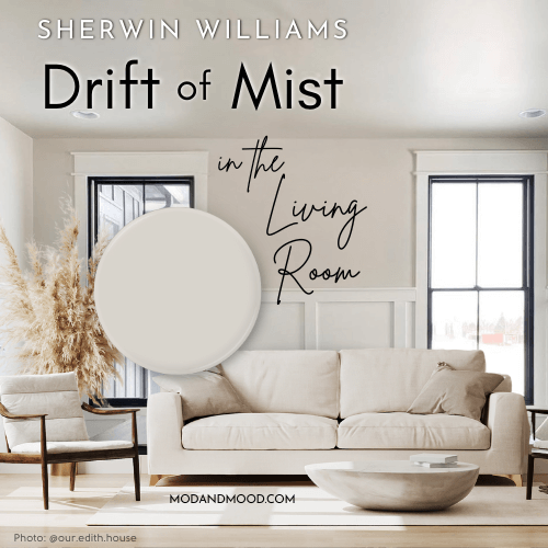 Graphic reads "Sherwin Williams Drift of Mist in the Living room" over a picture of the color on walls and ceiling with pure white wainscoting in a room with a cream sofa and a swatch of the color over top
