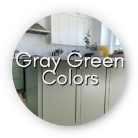 Circle says "Gray Green colors" over a background of sage green on cabinets