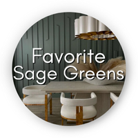 Circle says "Favorite sage greens" over a background of sage green in a dining room
