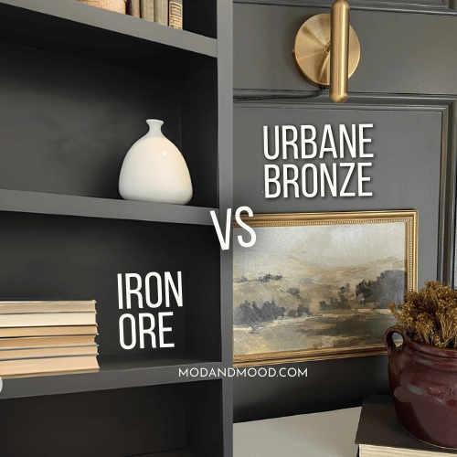 Urbane Bronze compared to Iron Ore on bookshelves