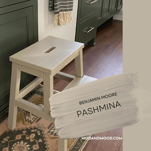 Benjamin Moore pashmina on a stool with a swatch over top of the color