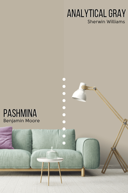 Sherwin Williams Pashmina dupe Analytical Gray on half of a wall and Pashmina on the other half behind a green sofa